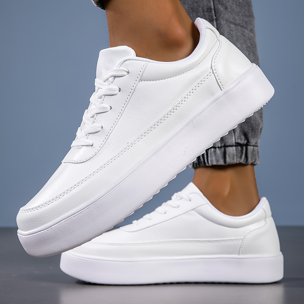 mens stylish white skate shoes comfy anti skid breathable lace up platform sneakers details 3