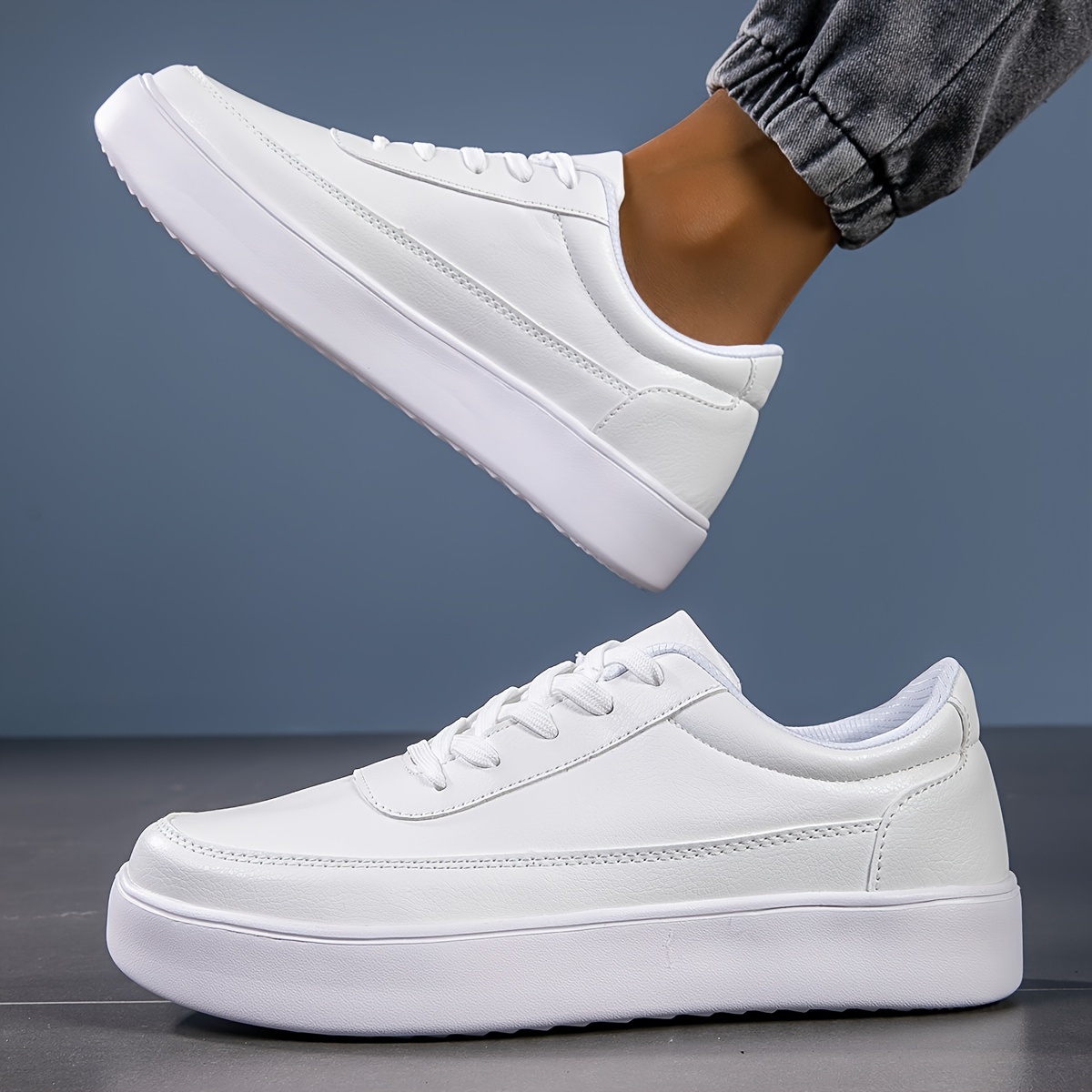 mens stylish white skate shoes comfy anti skid breathable lace up platform sneakers details 4