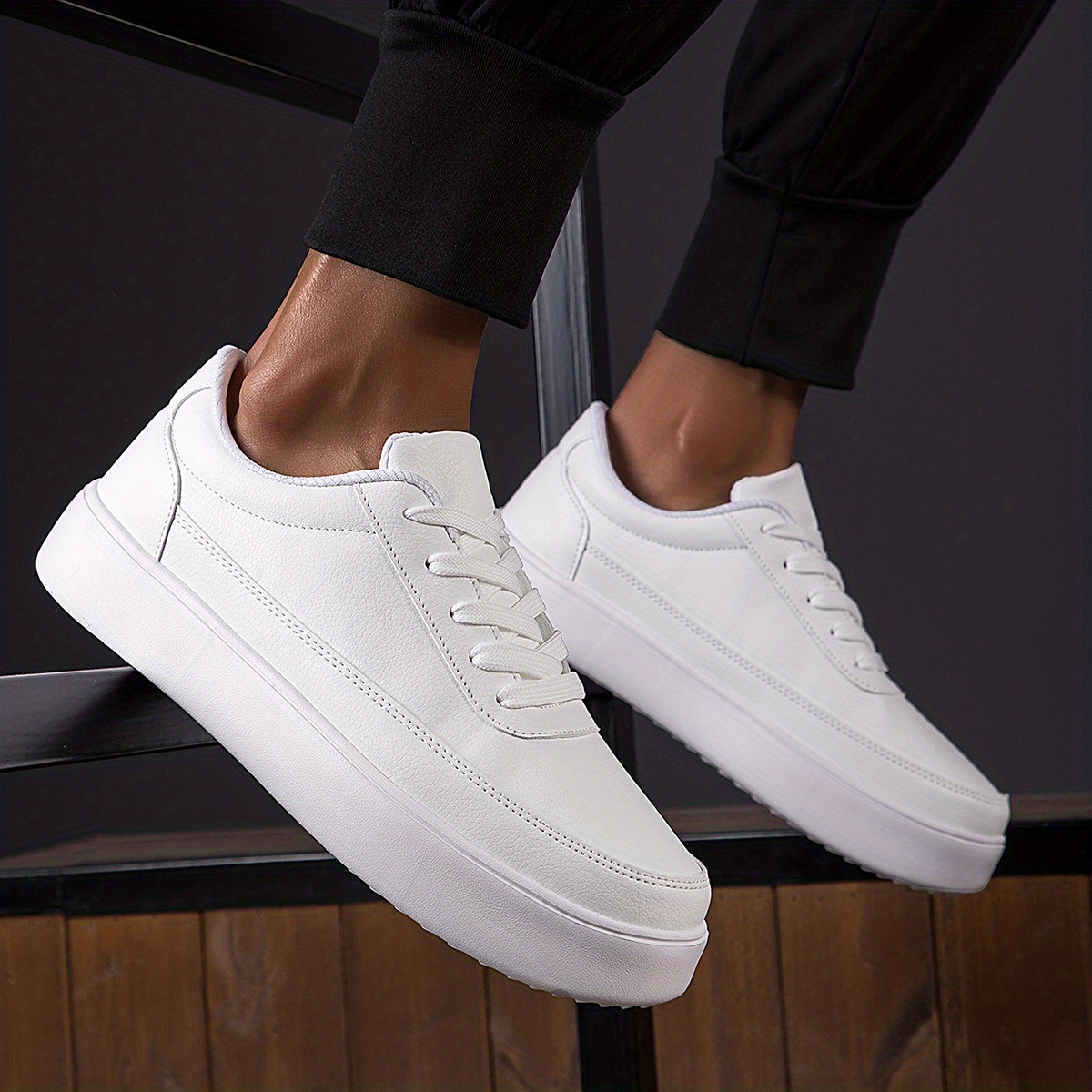 mens stylish white skate shoes comfy anti skid breathable lace up platform sneakers details 5