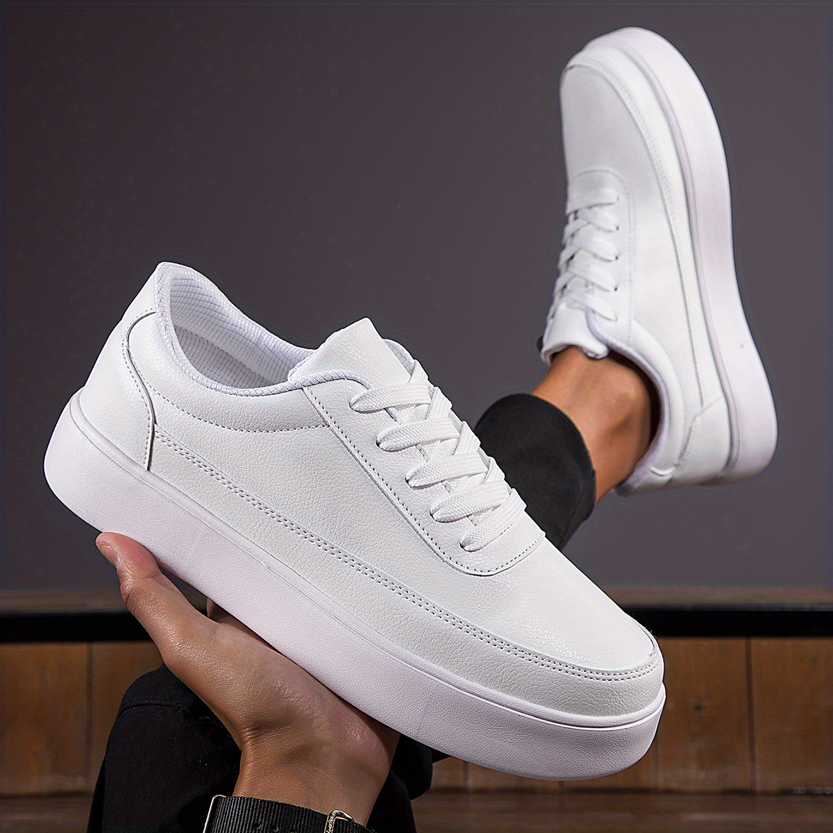 mens stylish white skate shoes comfy anti skid breathable lace up platform sneakers details 7