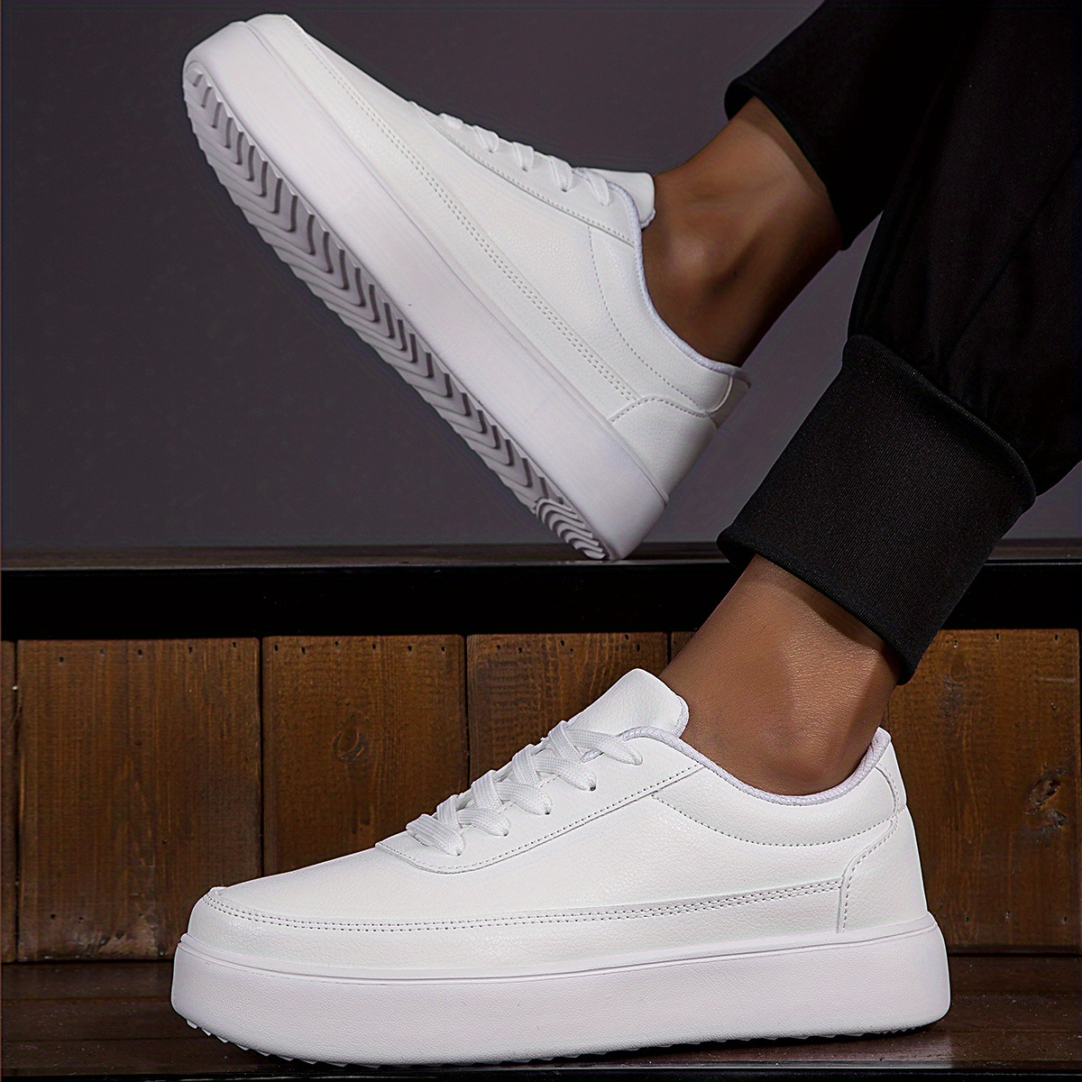 mens stylish white skate shoes comfy anti skid breathable lace up platform sneakers details 9