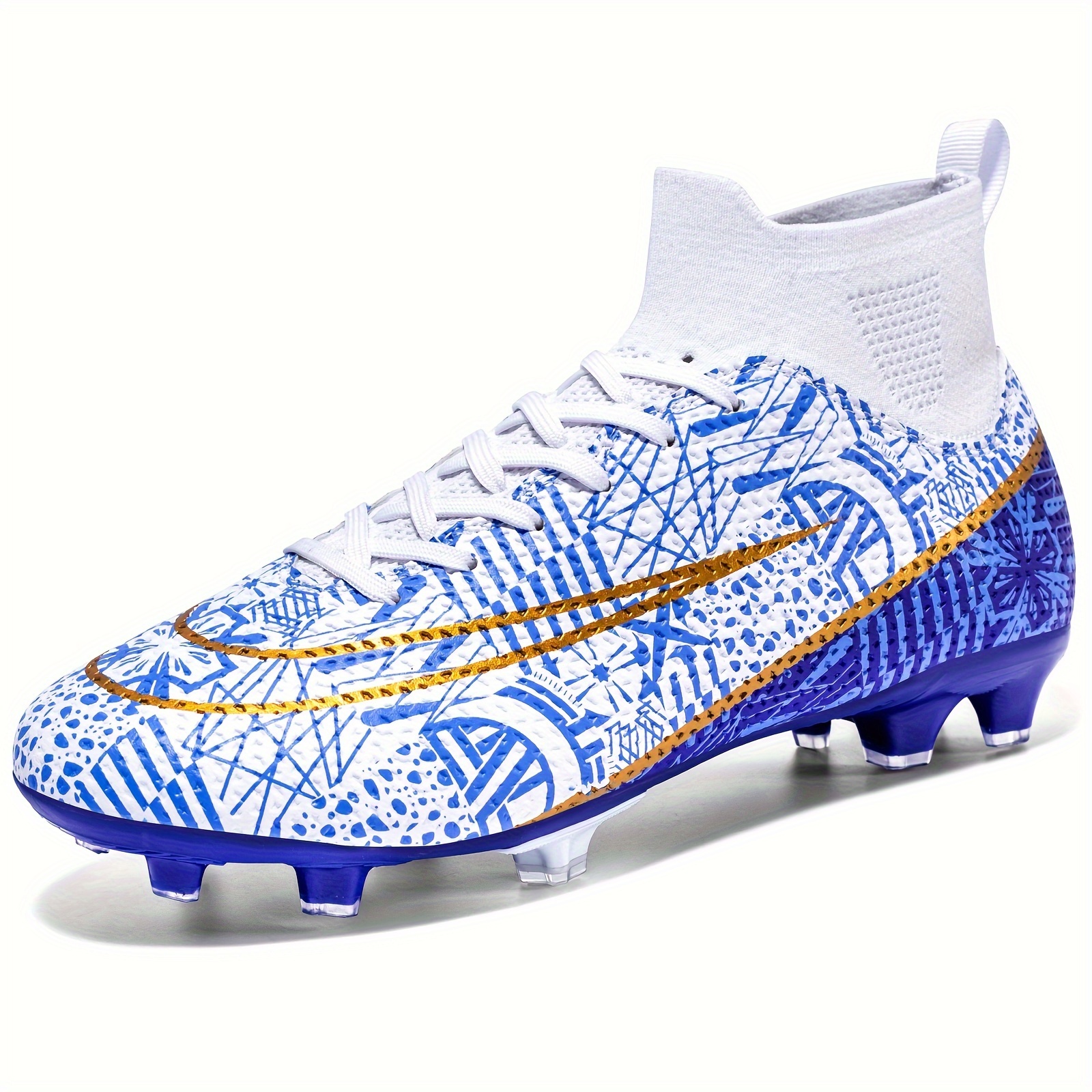 Soccer Cleats For Mens Womens Professional Soccer Cleats White Blue Youth High Ankle FG Football Boots Lightweight & Durable Breathable Wide Training Competition Sneaker Outdoor details 2