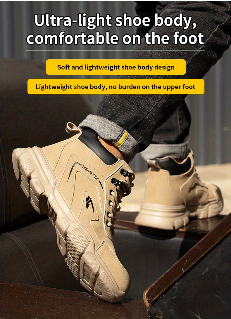 mens high top work safety shoes comfy steel toe wear resistant shock absorption lace up platform sneakers for outdoor running walking hiking details 1