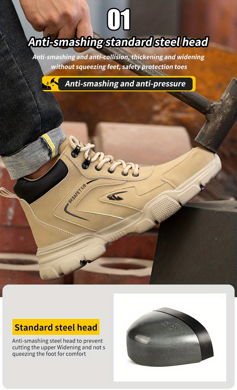 mens high top work safety shoes comfy steel toe wear resistant shock absorption lace up platform sneakers for outdoor running walking hiking details 4