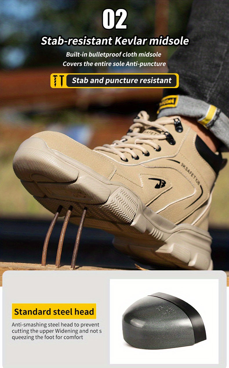 mens high top work safety shoes comfy steel toe wear resistant shock absorption lace up platform sneakers for outdoor running walking hiking details 5